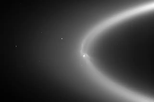 Photograph of Enceladus, a moon of Saturn.
