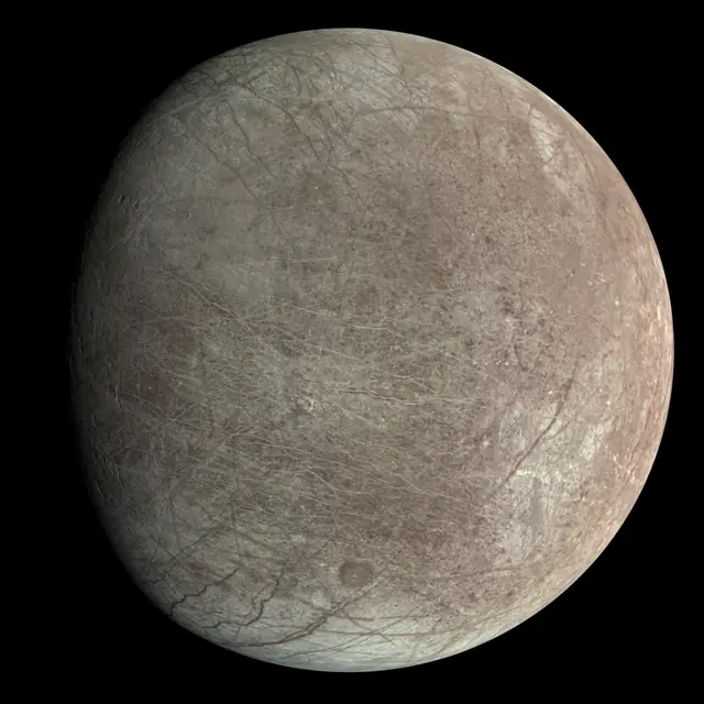 Photograph of Europa, a moon of Jupiter.