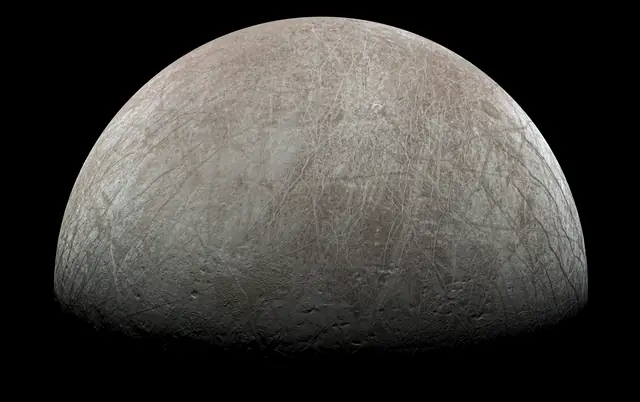 Photograph of Europa, a moon of Jupiter.