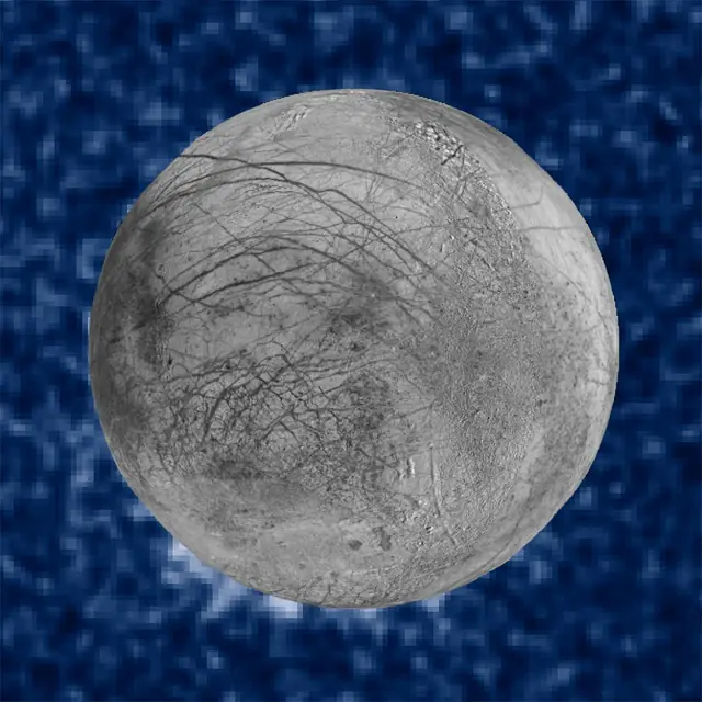 Photograph of Europa, a moon of Jupiter.