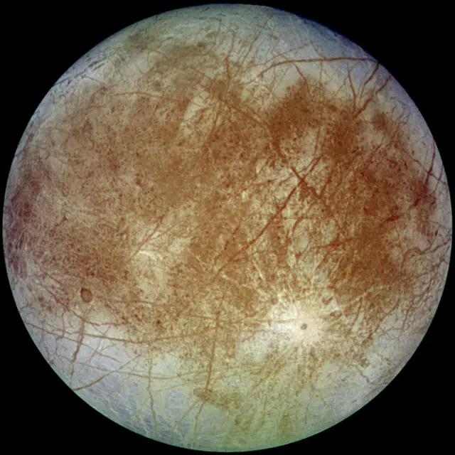 Photograph of Europa, a moon of Jupiter.