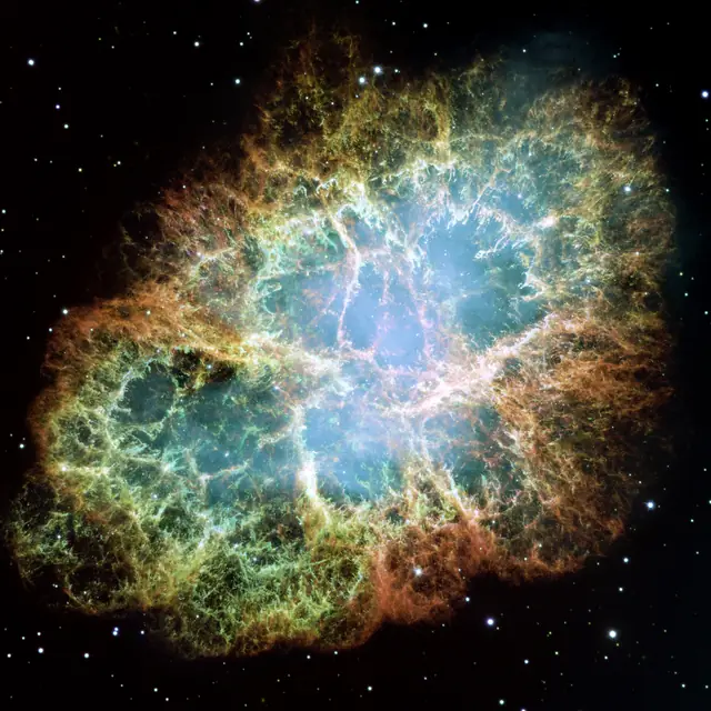 Photograph of Crab Nebula, a supernova remnant in Taurus.