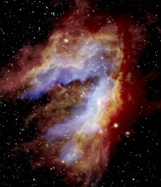 Photograph of Checkmark Nebula, a nebula in Sagittarius.