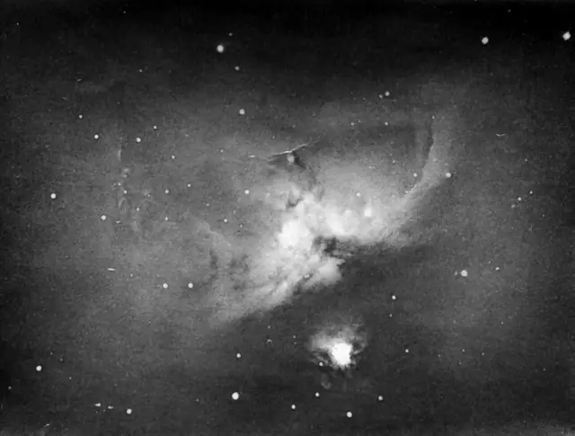 Photograph of Great Orion Nebula, a nebula with cluster in Orion.