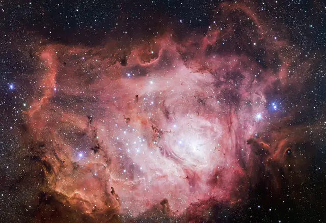 Photograph of Lagoon Nebula, a nebula in Sagittarius.