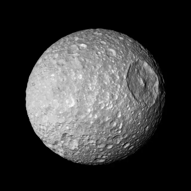 Photograph of Mimas, a moon of Saturn.