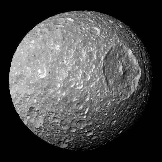 Cassini image of Mimas, a moon of Saturn.