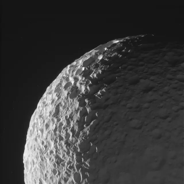 Photograph of Mimas, a moon of Saturn.