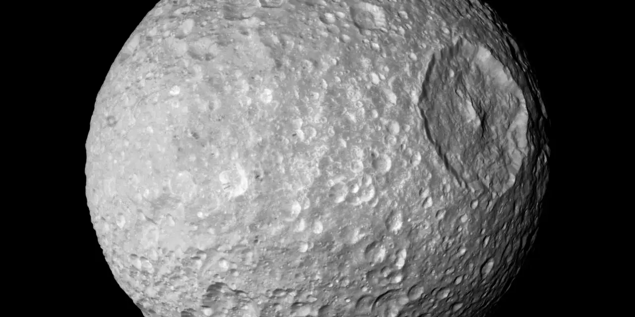 Photograph of Mimas, a moon of Saturn.