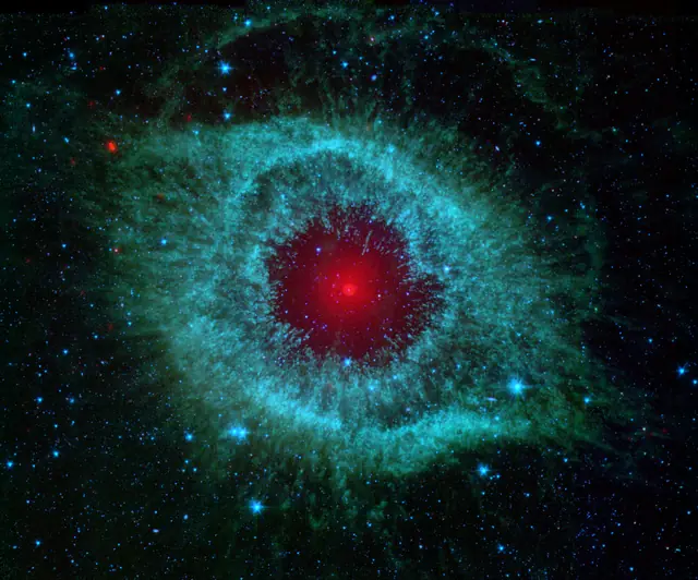 Photograph of Helix Nebula, a planetary nebula in Aquarius.